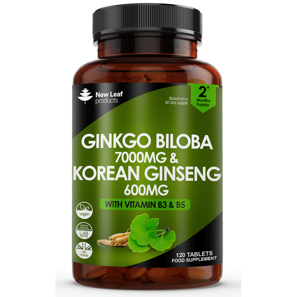 Supplement bottle labeled 'Ginkgo Biloba & Korean Ginseng' with New Leaf Products branding on a white background.