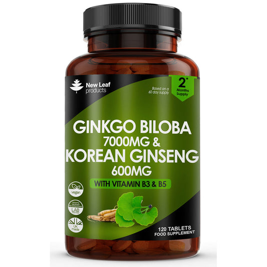 Supplement bottle labeled 'Ginkgo Biloba & Korean Ginseng' with New Leaf Products branding on a white background.