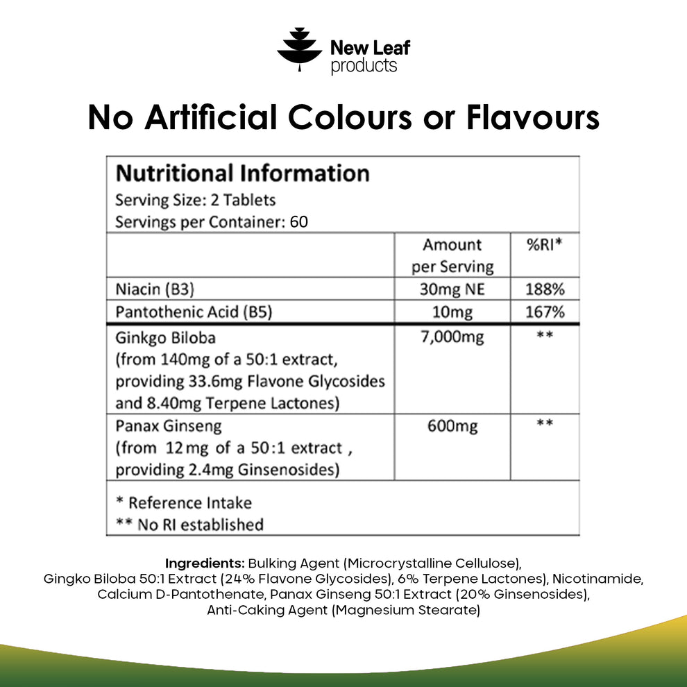 label 'Ginkgo Biloba & Korean Ginseng' with New Leaf Products branding on a white background.
