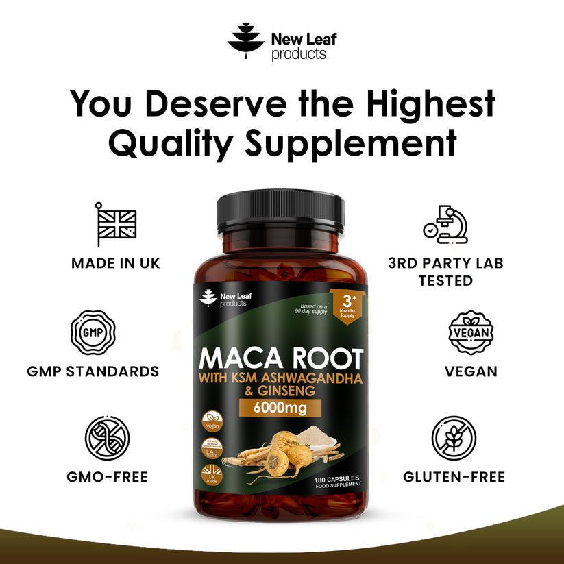 Maca Root Capsules With KSM Ashwagandha, Ginseng &amp; Black Pepper - 180 High Strength 6000mg Capsules