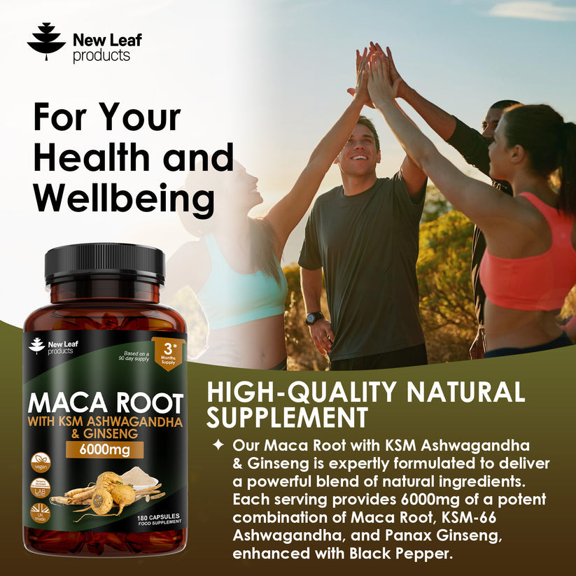 Maca Root Capsules With KSM Ashwagandha, Ginseng &amp; Black Pepper - 180 High Strength 6000mg Capsules