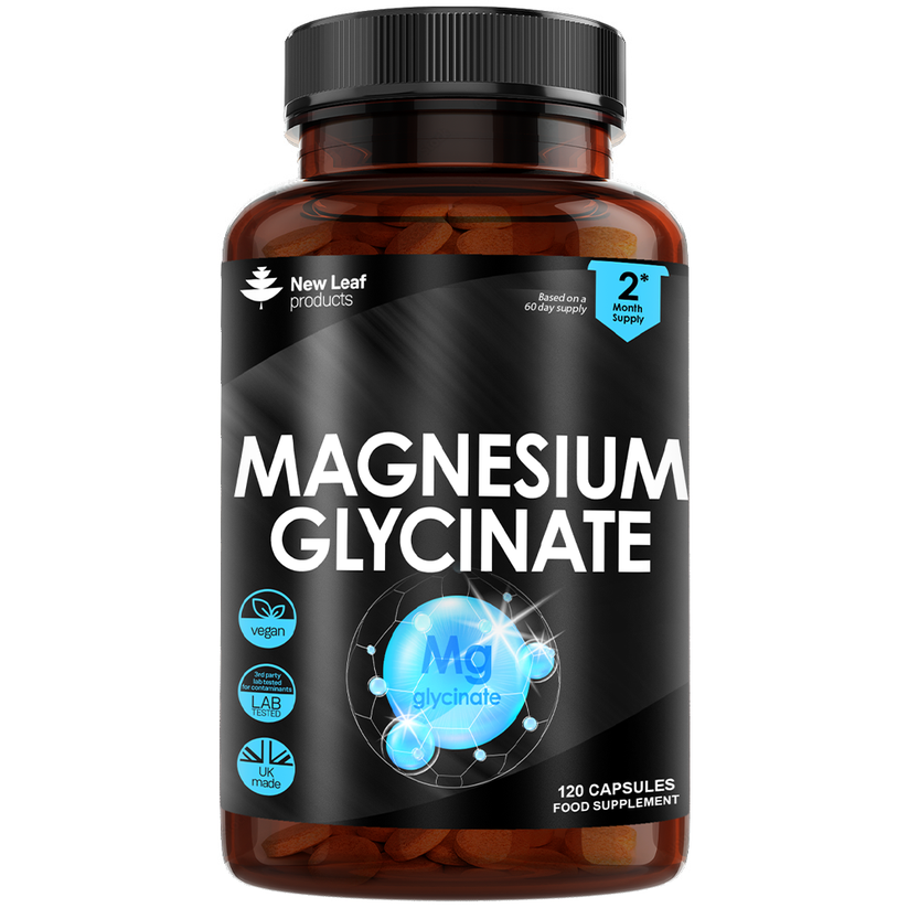 Bottle of magnesium glycinate supplement with New Leaf Products branding on a white background