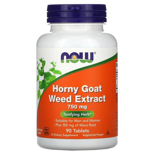 Supplement bottle labeled 'Horny Goat Weed Extract' with NOW brand on a white background