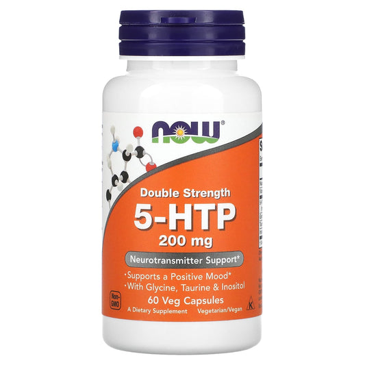 Supplement bottle labeled '5-HTP 200 mg' with NOW brand on a white background