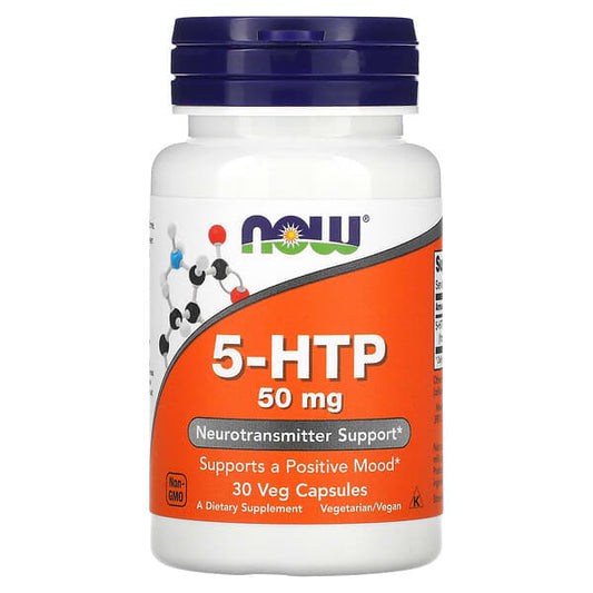 Supplement bottle labeled '5-HTP 50 mg' with NOW brand on a white background