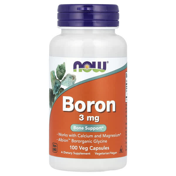 Supplement bottle labeled 'Boron 3 mg' by NOW on a white background