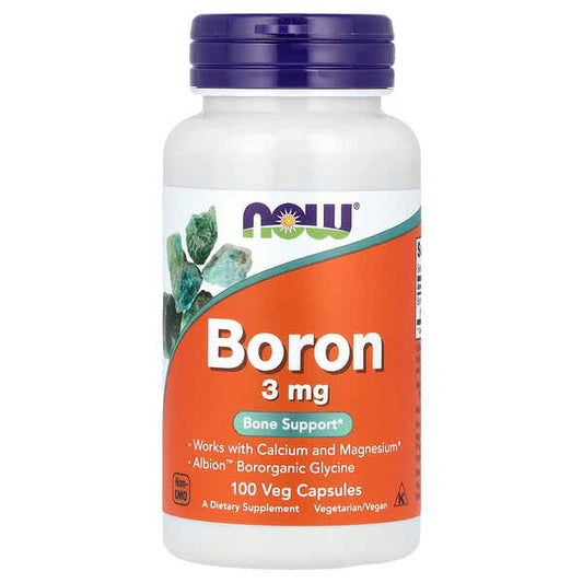 Supplement bottle labeled 'Boron 3 mg' by NOW on a white background