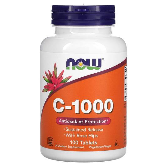 Supplement bottle labeled 'C-1000' with NOW brand on an orange and white background