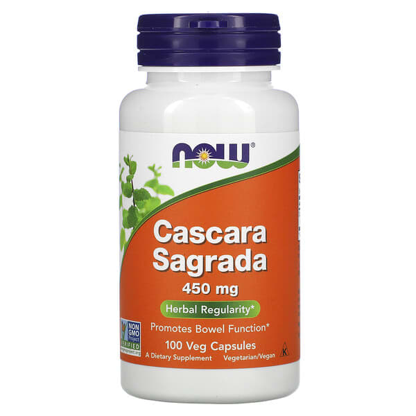 Supplement bottle labeled 'Cascara Sagrada' with Now brand on a white background
