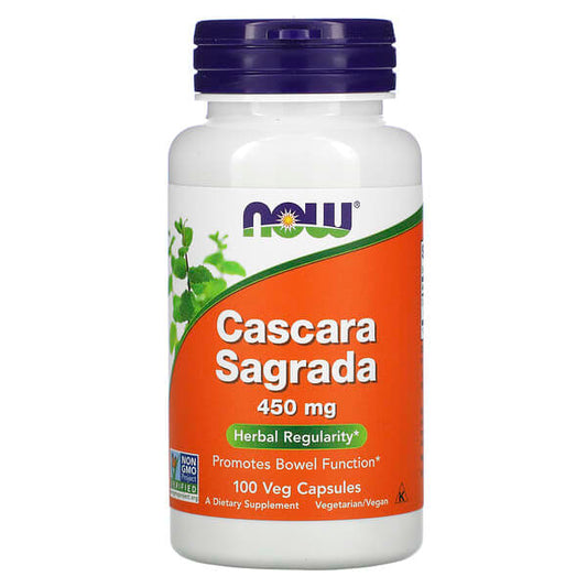 Supplement bottle labeled 'Cascara Sagrada' with Now brand on a white background