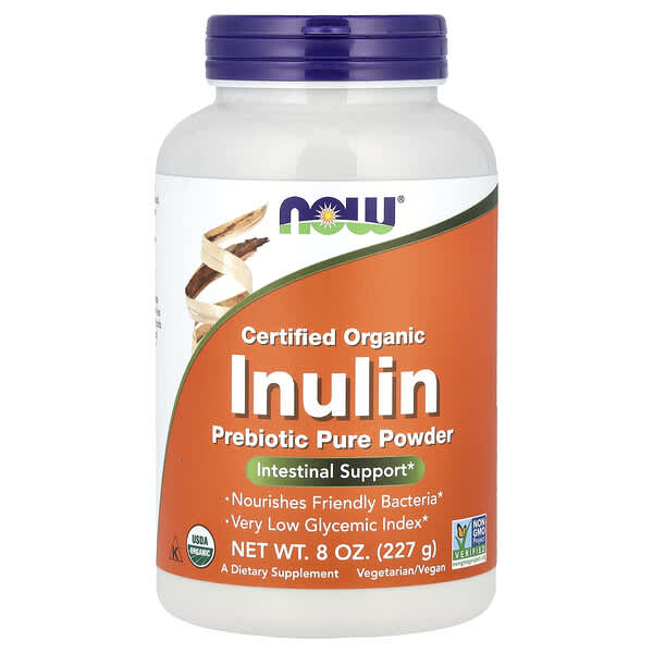 Supplement bottle labeled 'Inulin' with Now brand on a white background