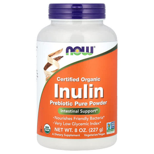 Supplement bottle labeled 'Inulin' with Now brand on a white background