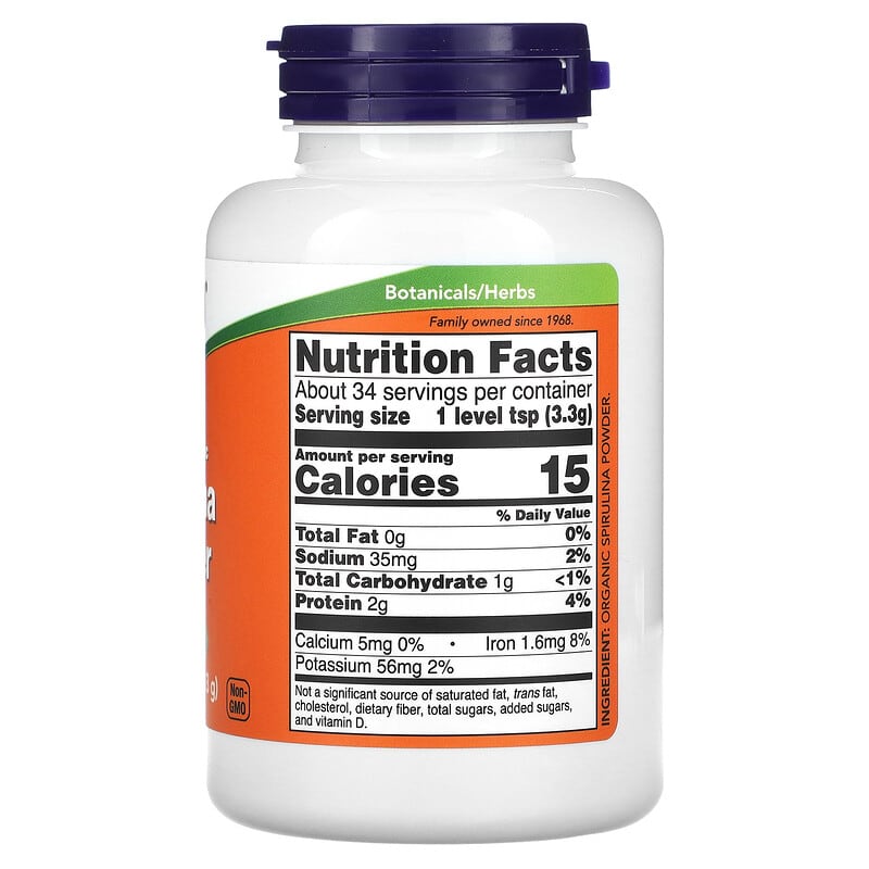 now foods spirulina bootle on a  white background