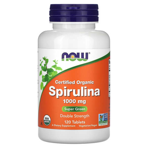 Supplement bottle of Spirulina with NOW brand on a white background