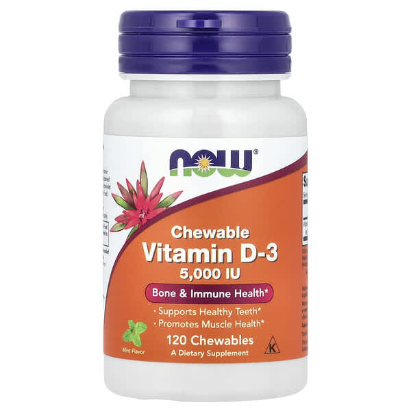 Vitamin D3 supplement bottle with NOW brand on a white background