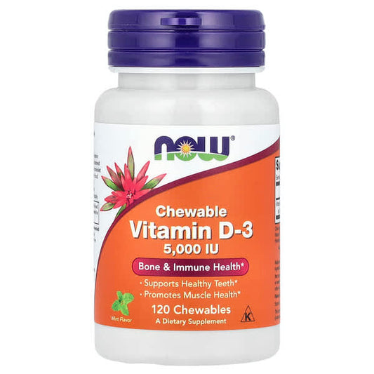 Vitamin D3 supplement bottle with NOW brand on a white background