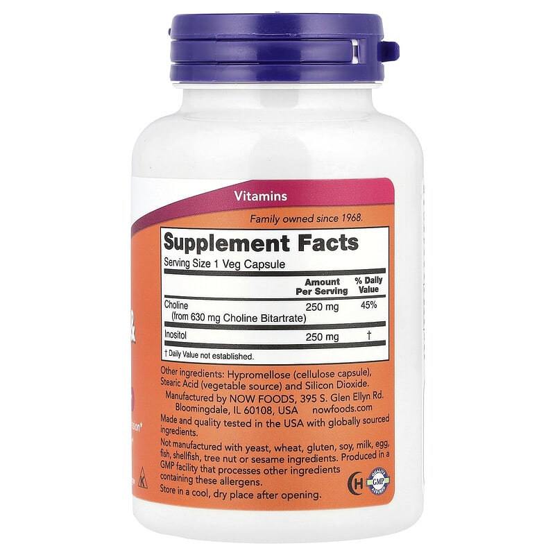 Supplement bottle with purple cap and orange label on a white background