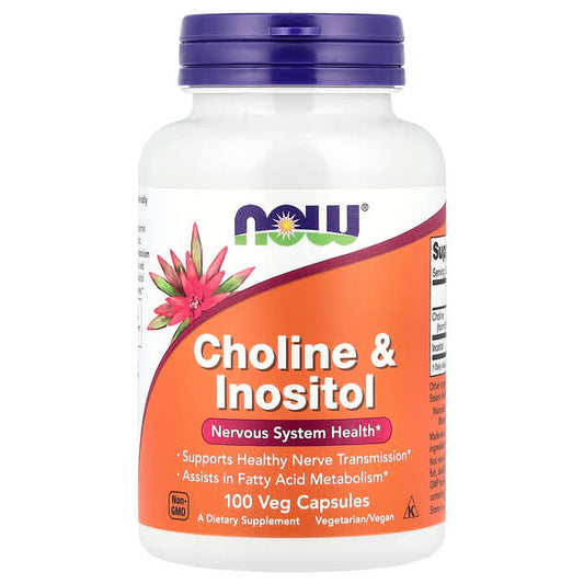 Supplement bottle labeled 'Choline & Inositol' by NOW on a white background