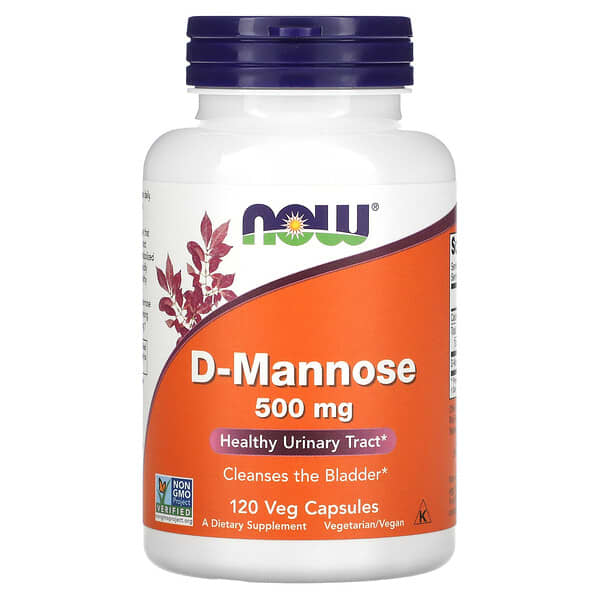 Supplement bottle labeled 'D-Mannose 500 mg' with NOW brand on an orange and white label.