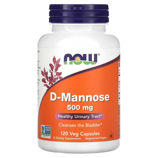 Supplement bottle labeled 'D-Mannose 500 mg' with NOW brand on an orange and white label.