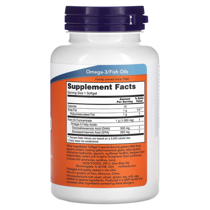 Double Strength DHA-500 supplement bottle with NOW brand on a white background