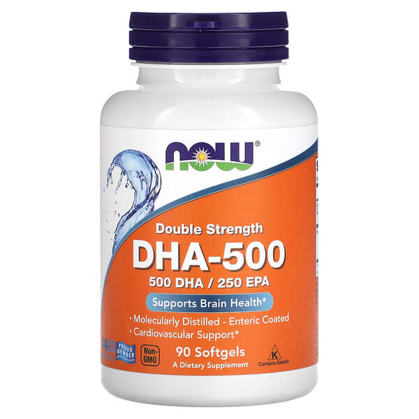 Double Strength DHA-500 supplement bottle with NOW brand on a white background
