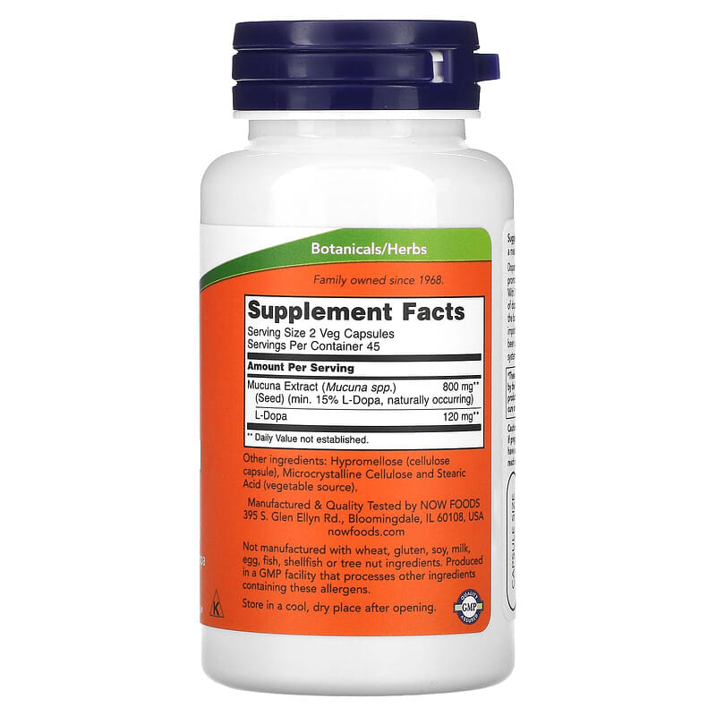 NOW Foods Dopa Mucuna 90 Veg Capsules bottle on a white background