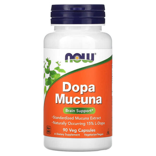 NOW Foods Dopa Mucuna 90 Veg Capsules bottle on a white background