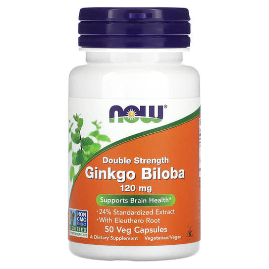 Supplement bottle labeled 'Double Strength Ginkgo Biloba' with Now brand on a white background