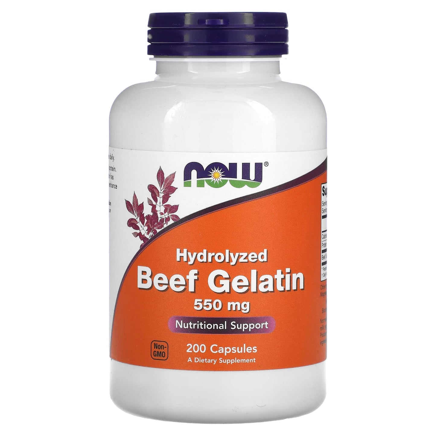 Supplement bottle labeled 'Hydrolyzed Beef Gelatin' by NOW on a white background