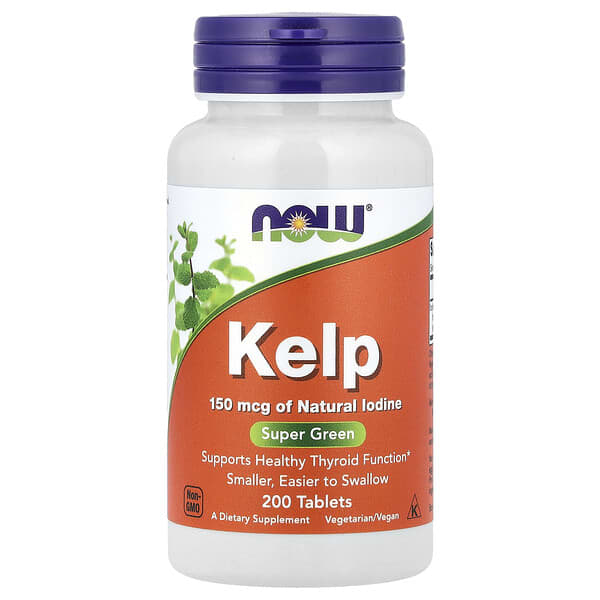 Kelp supplement bottle with purple cap and white label on a white background