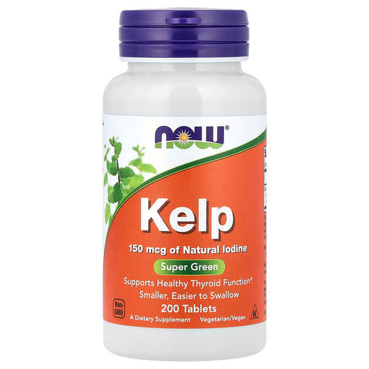 Kelp supplement bottle with purple cap and white label on a white background