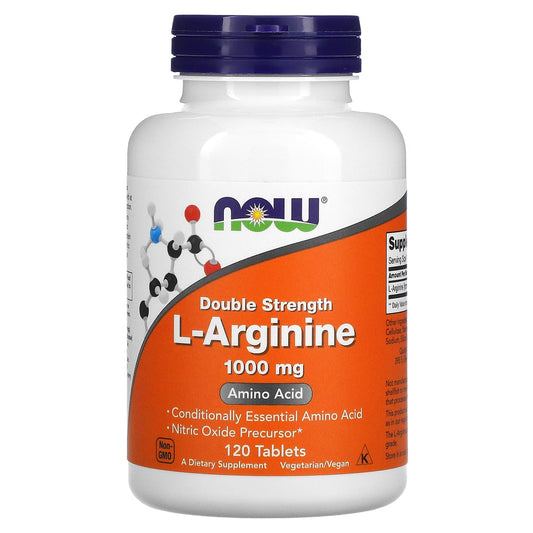 Supplement bottle labeled 'Double Strength L-Arginine 1000 mg' by NOW on a white background