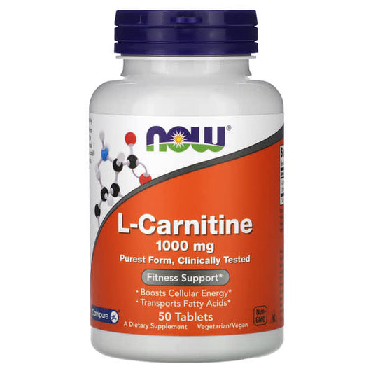 Supplement bottle labeled 'L-Carnitine 1000 mg' with NOW brand on a white background