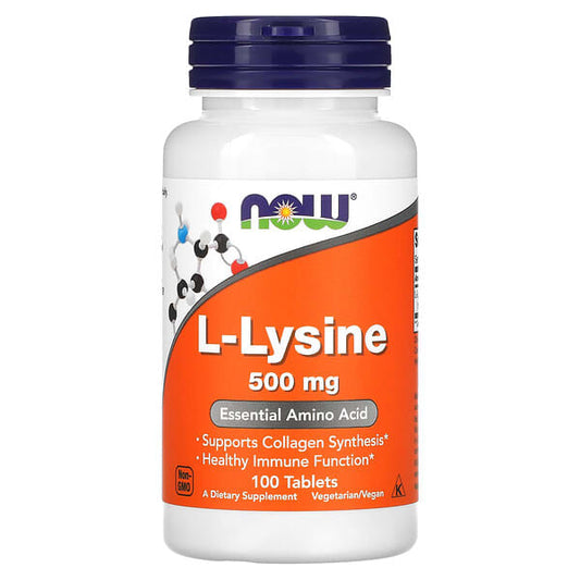 Supplement bottle of L-Lysine 500 mg with NOW brand on a white background