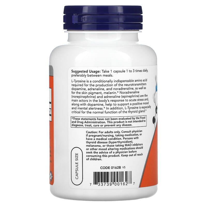 Supplement bottle labeled 'L-Tyrosine 500 mg' with NOW brand on an orange and white background