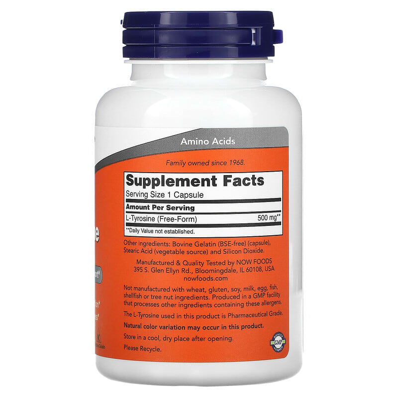 Supplement bottle labeled 'L-Tyrosine 500 mg' with NOW brand on an orange and white background