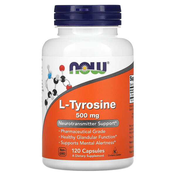 Supplement bottle labeled 'L-Tyrosine 500 mg' with NOW brand on an orange and white background.