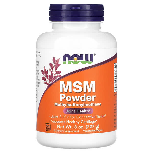 Bottle of MSM Powder supplement with Now brand on an orange and white label.