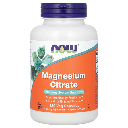 Supplement bottle labeled 'Magnesium Citrate' with NOW brand on a white background