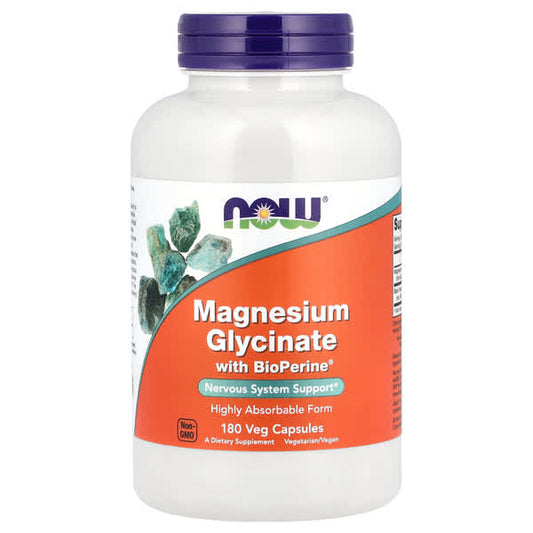 Supplement bottle labeled 'Magnesium Glycinate with BioPerine' by NOW on a white background