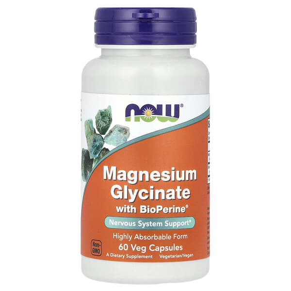 Supplement bottle labeled 'Magnesium Glycinate with BioPerine' by NOW on a white background