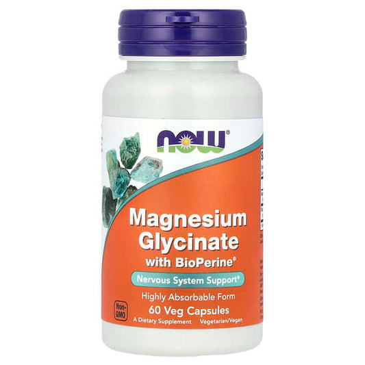Supplement bottle labeled 'Magnesium Glycinate with BioPerine' by NOW on a white background