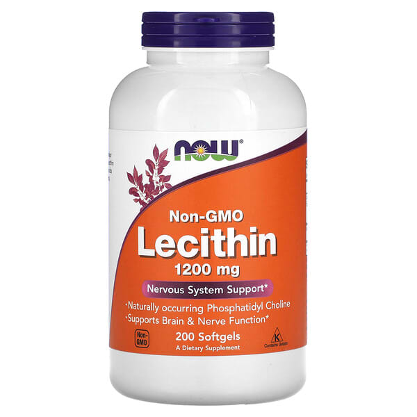 now non-gmo lecithin 1200mg supplement bottle on a white background