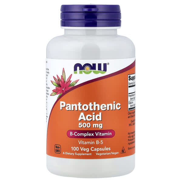 Supplement bottle of Pantothenic Acid 500 mg with NOW brand on a white background