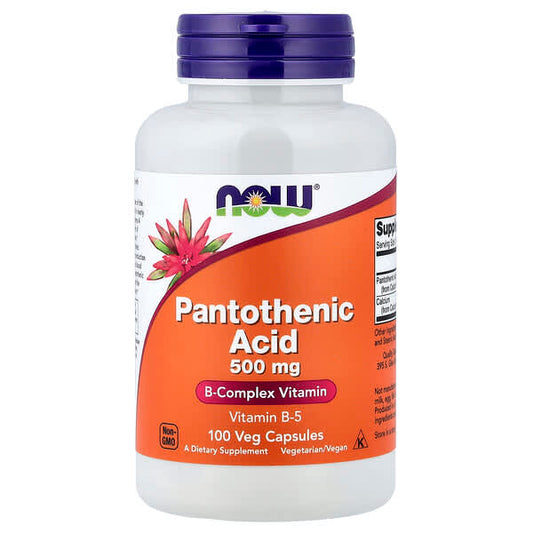 Supplement bottle of Pantothenic Acid 500 mg with NOW brand on a white background