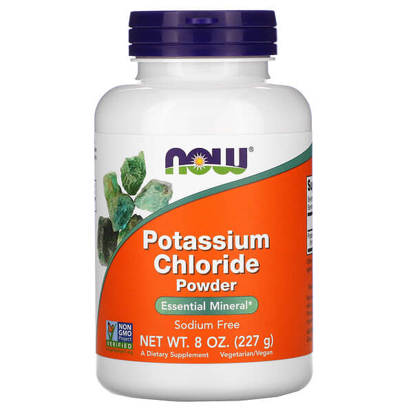 Bottle of Now Foods Potassium Chloride Powder on a white background