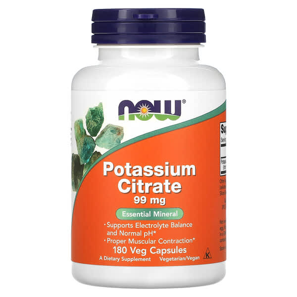 Supplement bottle labeled 'Potassium Citrate 99 mg' with Now brand on an orange and white background.
