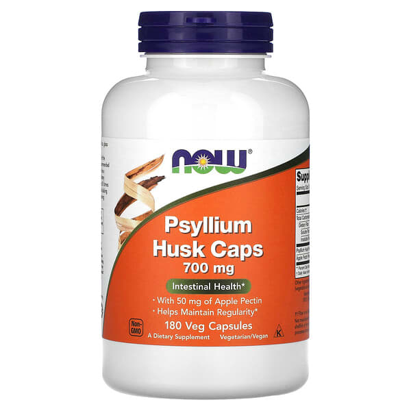 Bottle of NOW Psyllium Husk Caps 700 mg on a white background