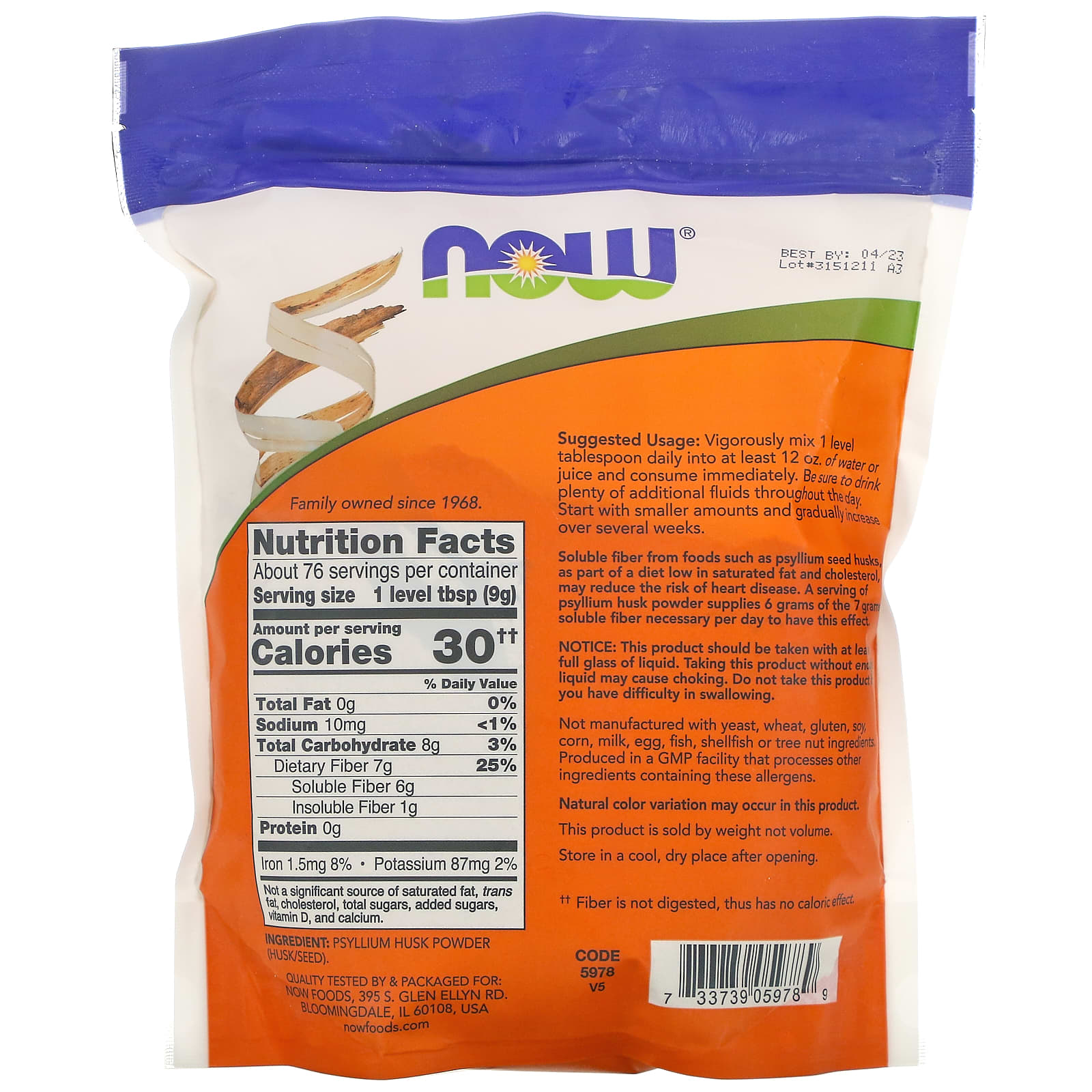 Back of a NOW Foods fiber package with nutrition facts and branding.